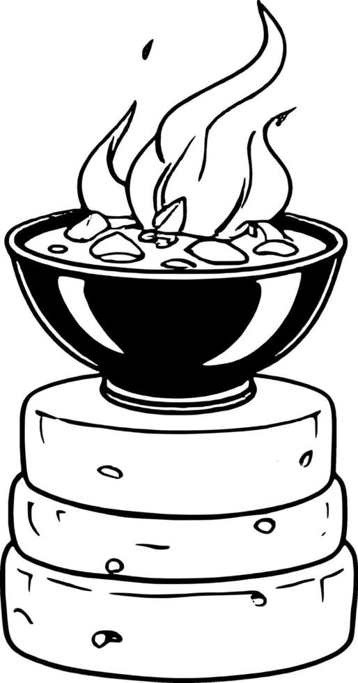 Fiery Stew In Black Bowl On Stacked White Stones Cartoon Style Isolated On vector