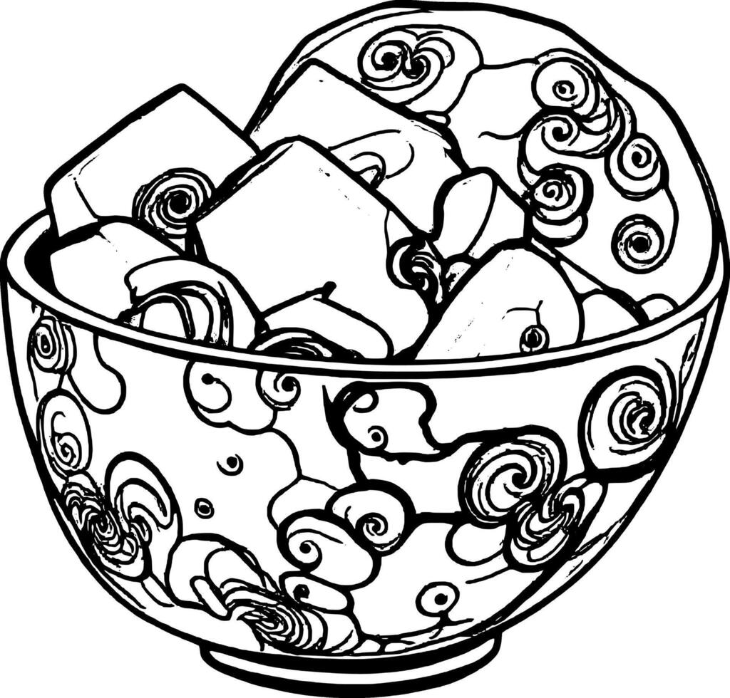 Red Bowl With Abstract Decorations Filled With Cubed Food Items Isolated On vector