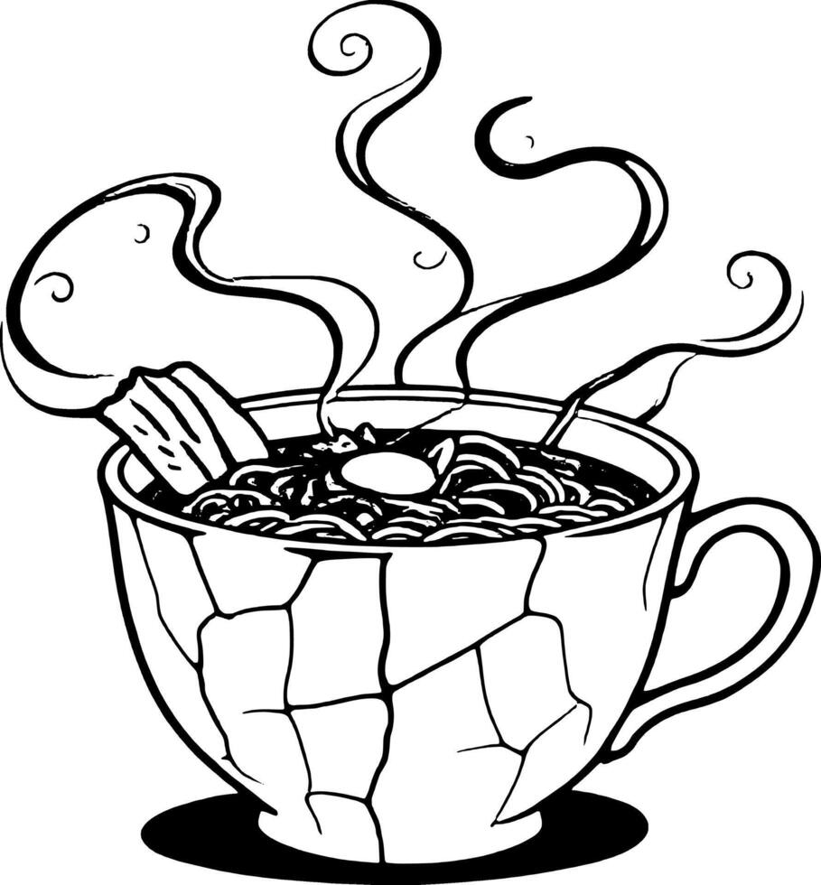Steaming Noodle Soup With Egg And Greens In A Cracked White Cup Black Outline Isolated vector