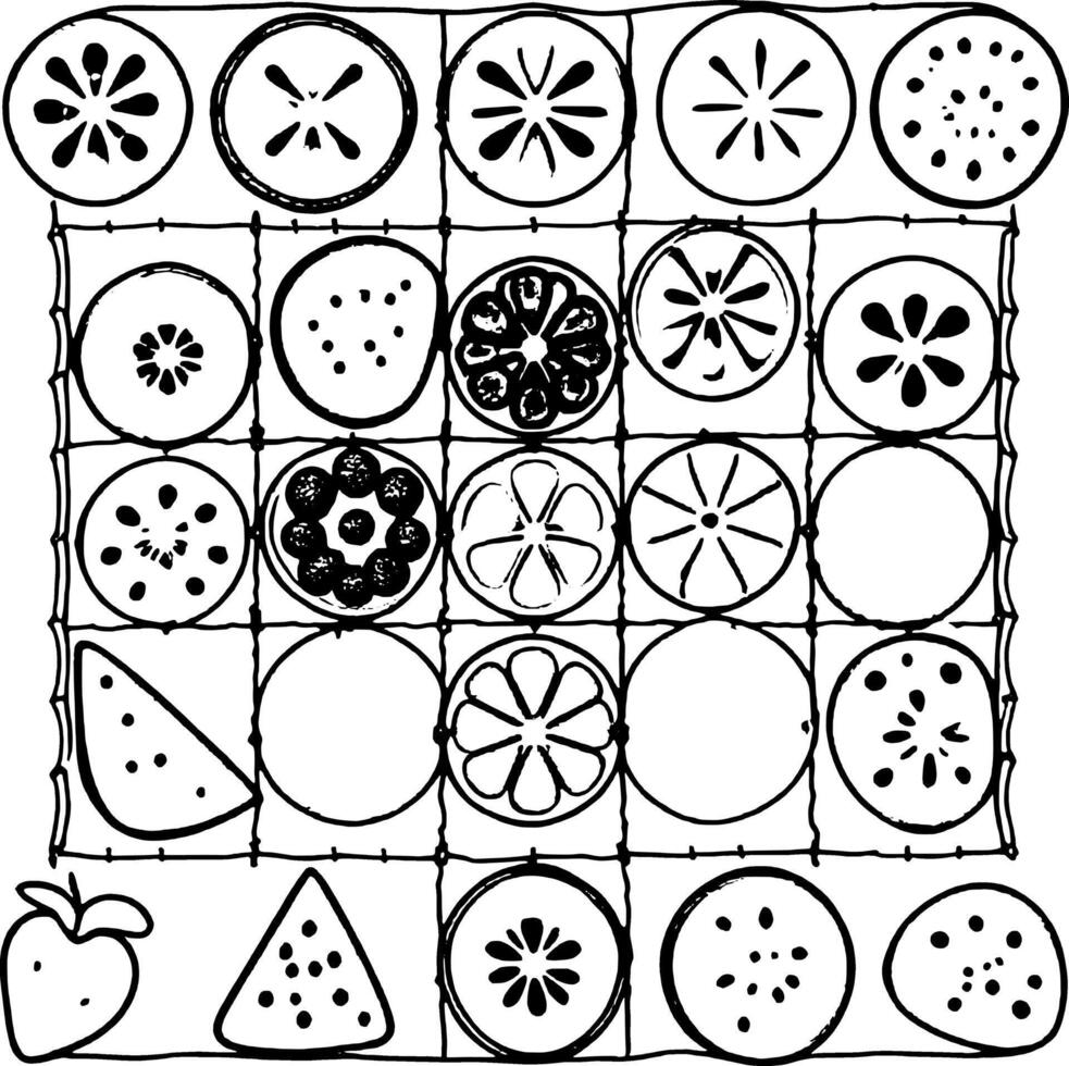 A black and white drawing of fruit and vegetables vector