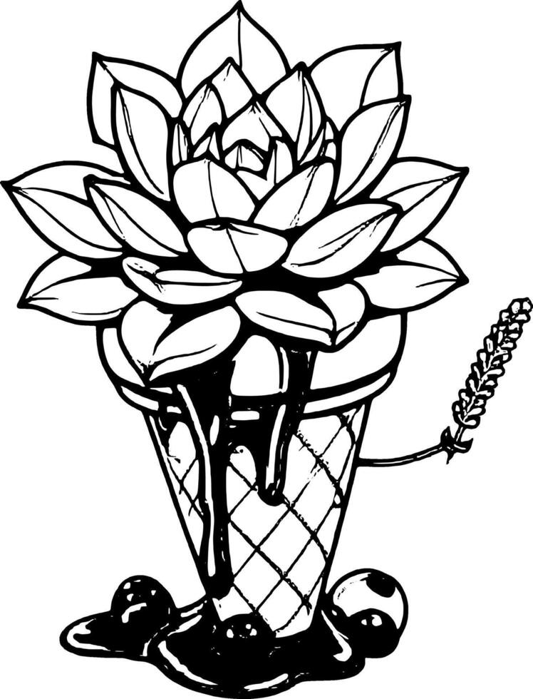 Stylized Succulent Flower in Cone with Purple Drizzle and Lavender Sprig Illustration vector