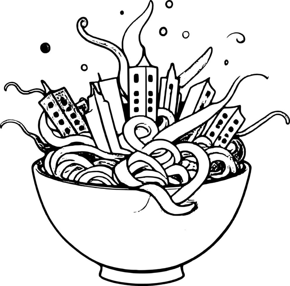 Colorful Noodles in Bowl Topped With Cityscape Buildings and Swirls on vector