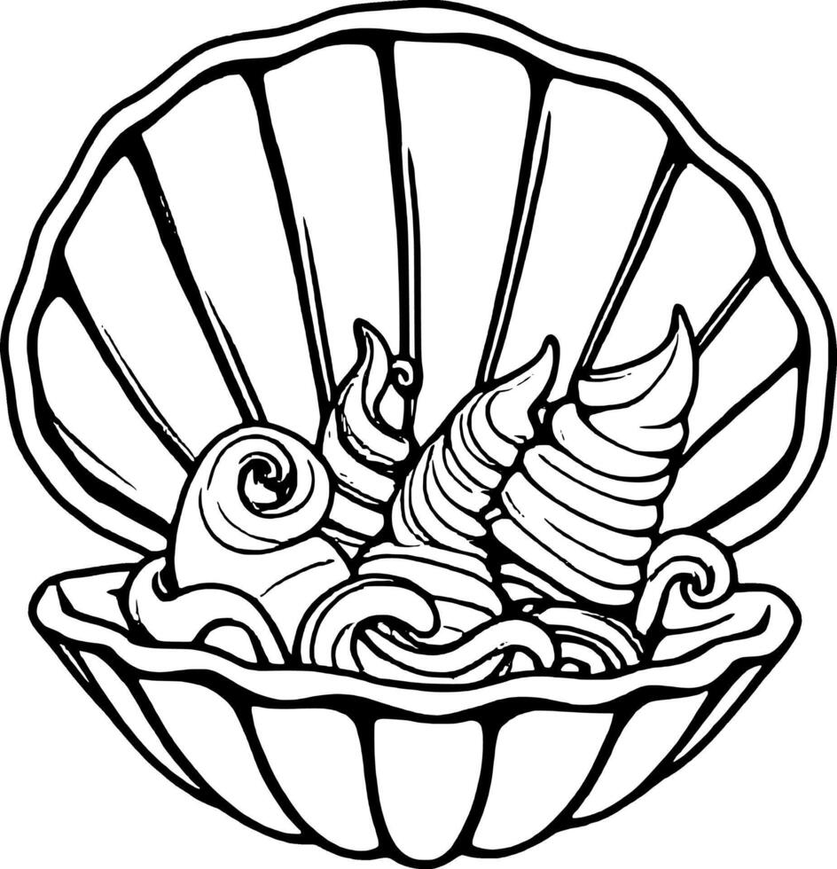 Seashell Filled With Colorful Ice Cream Cones Pink Yellow White Black Outline Isolated vector