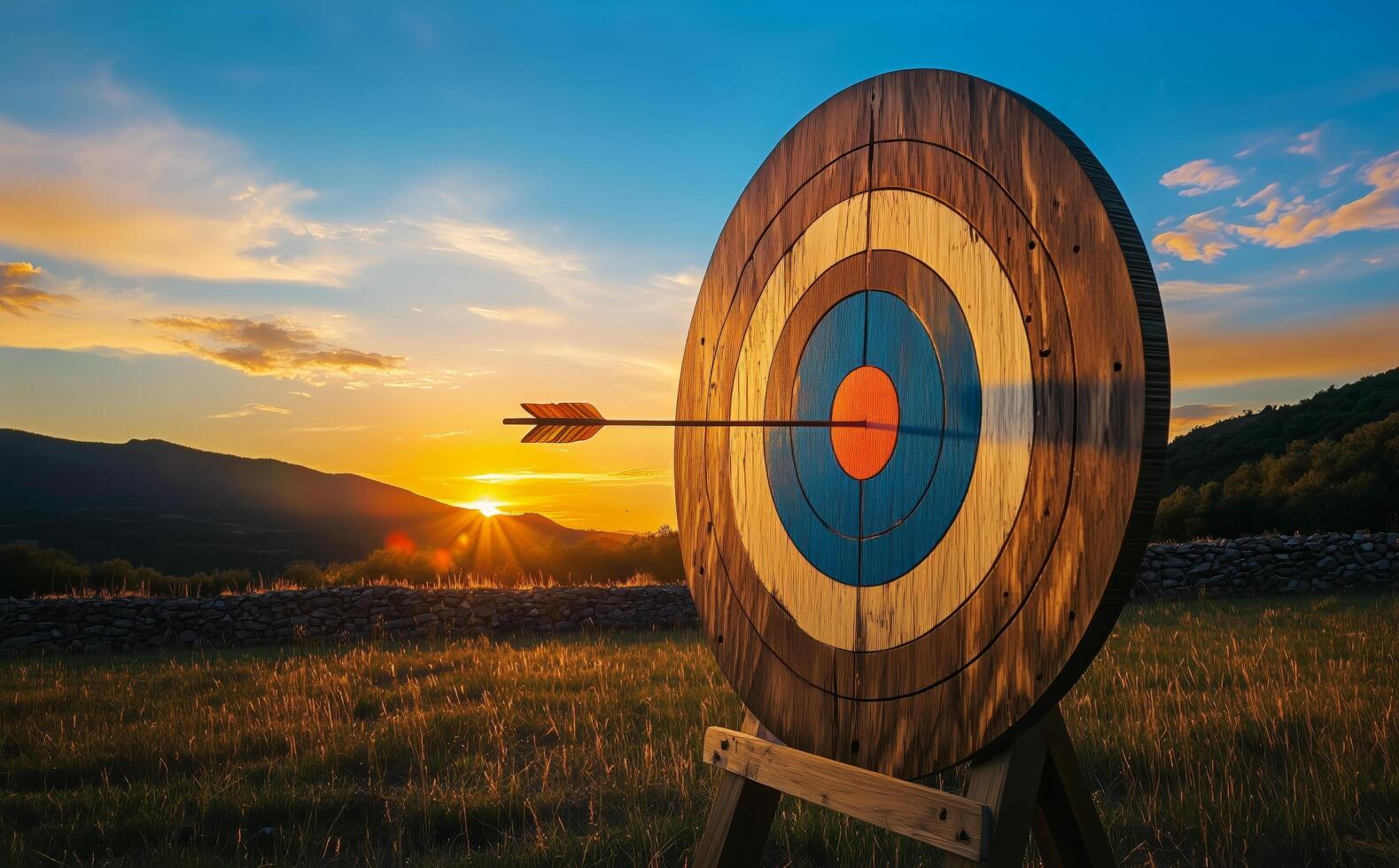 An arrow is in the center of a target photo