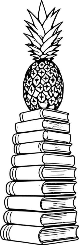 Pineapple Topped Stack Of Books Black And White Illustration Isolated On vector