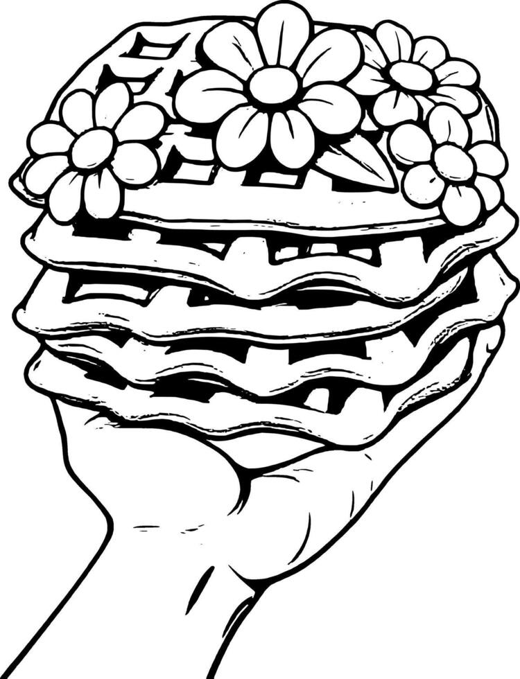 Hand Holding Stack Of Golden Waffles Decorated With Yellow And White Flowers Illustration vector
