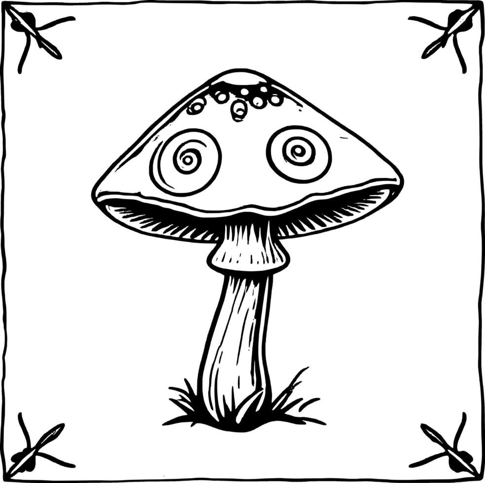 Stylized Purple Mushroom With Spiral Eyes And Decorative Border On A Light Purple Background vector