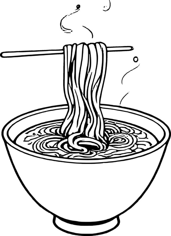 Steaming Noodle Bowl with Chopsticks and Golden Broth Artistic Food Illustration on White vector
