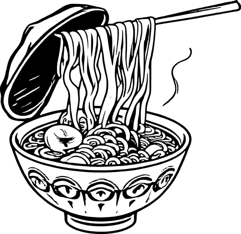 Steaming Noodle Bowl With Chopsticks And Lid Black And White Line Art Illustration vector