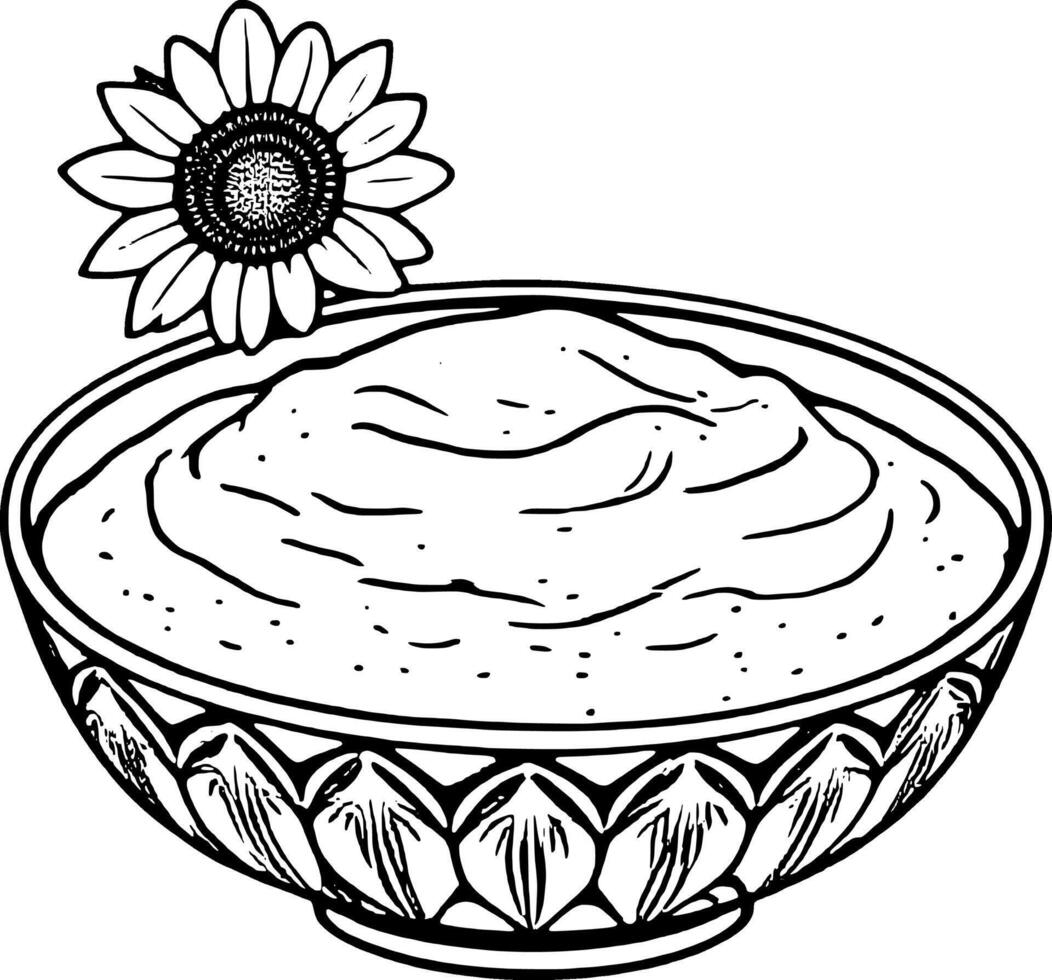 Yellow Creamy Dip In Ornate Bowl With Sunflower Decoration On A Illustration vector