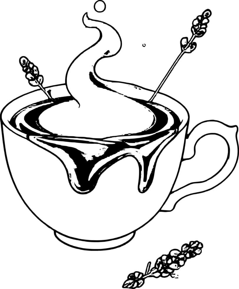 Whimsical Tea Cup With Purple Liquid Swirling Vapor And Lavender Sprigs On A vector