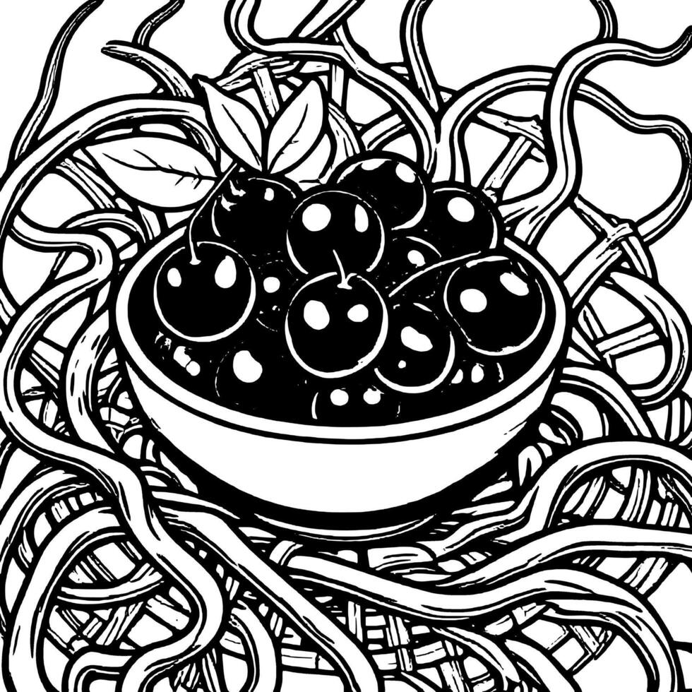 Bowl Full Of Fresh Red Cherries Surrounded By Woven Vines And Green Leaves Illustration vector