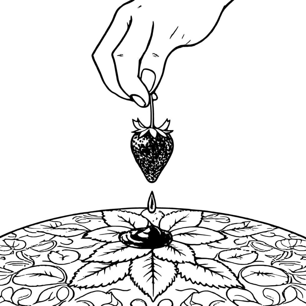 Hand Holding Ripe Strawberry Above Floral Design with Dripping Red Juice Illustration vector