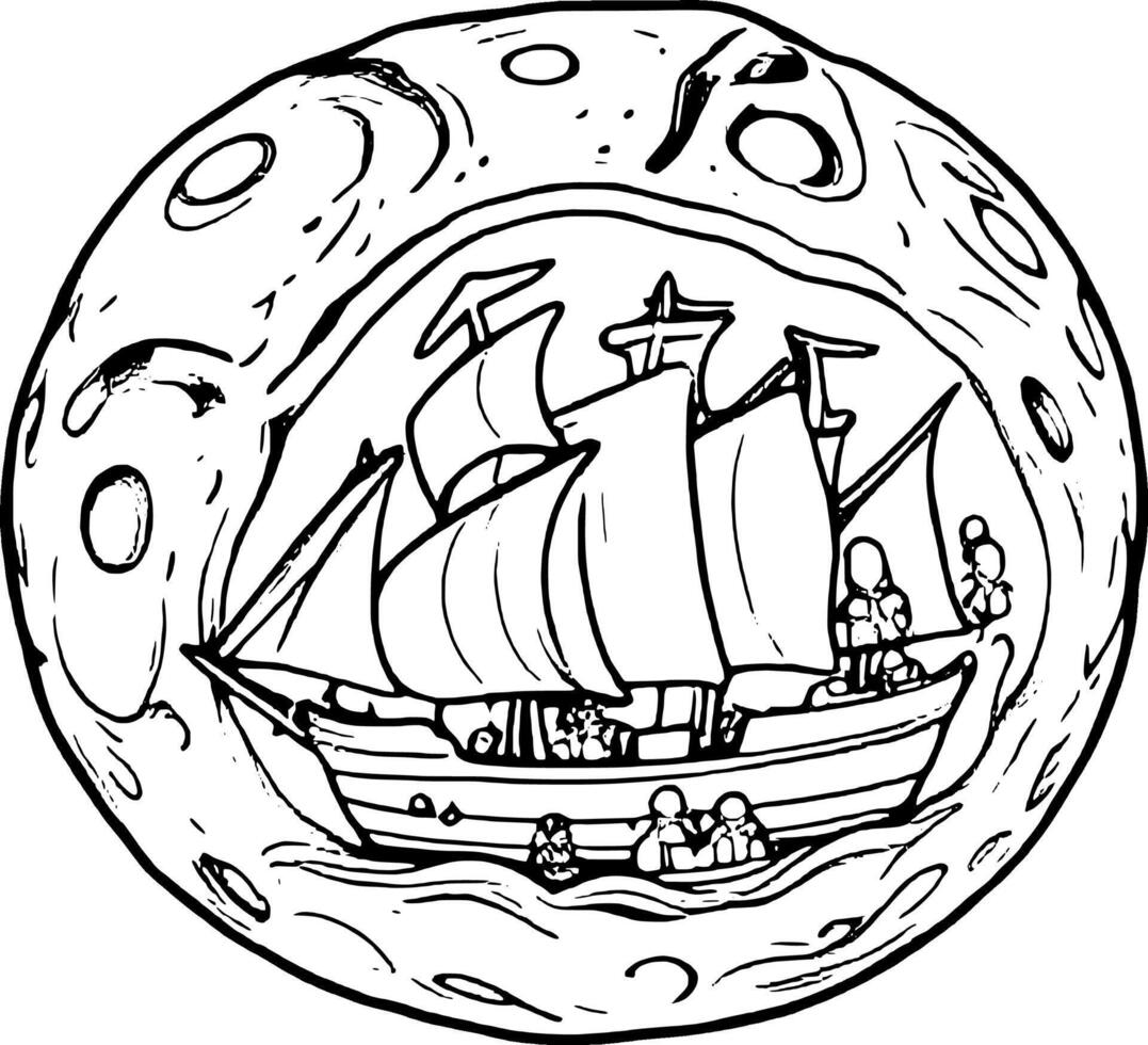 Detailed Line Art Depicting Old Sailing Ship Inside The Moon With People Traveling vector