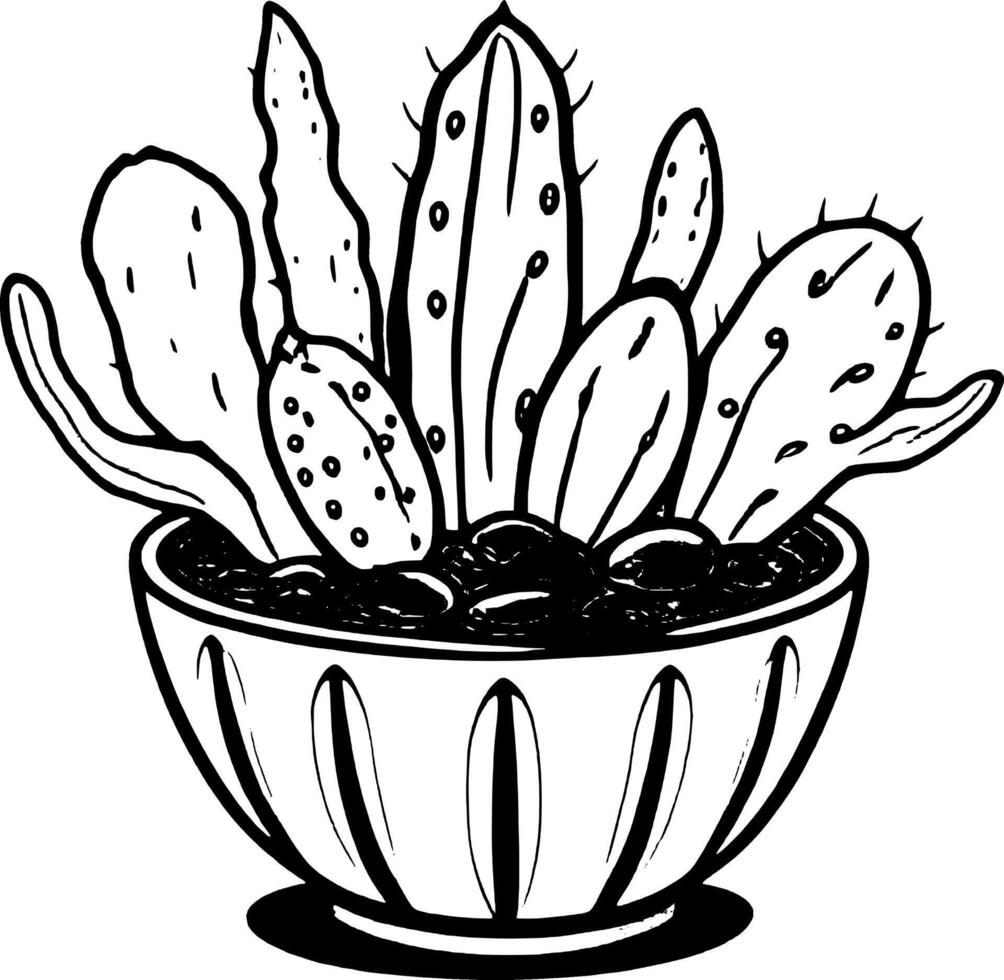 Colorful Cacti Arrangement in Striped Bowl with Decorative Red Stones Cartoon Style Illustration vector