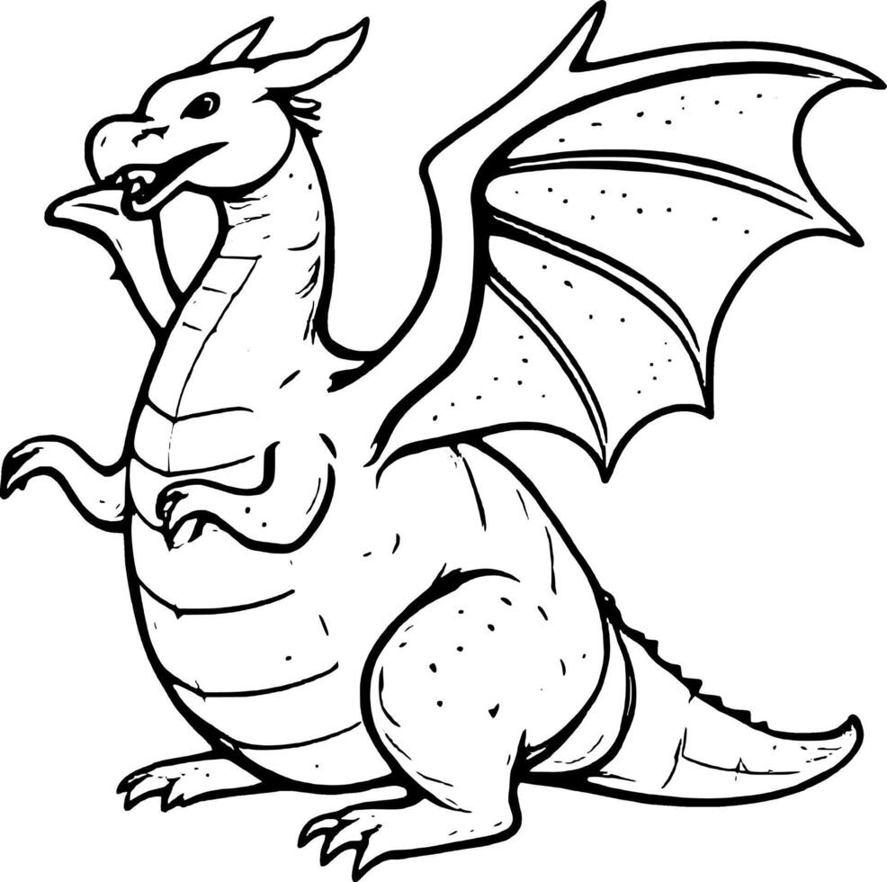 Cartoonish Dragon With Wings Ready To Fly Black And White Line Art Illustration For Coloring Boo vector