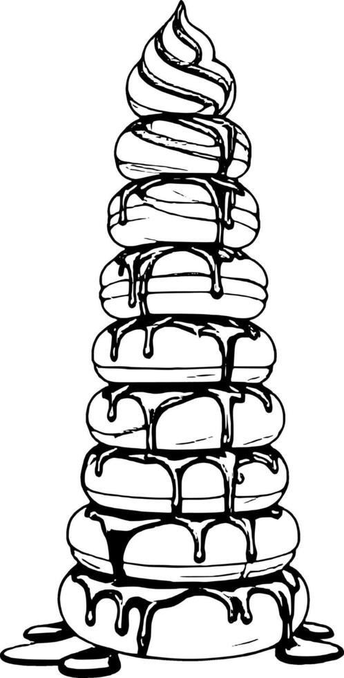 Tower Of Stacked Donuts With Chocolate Drizzle On Delicious Dessert vector