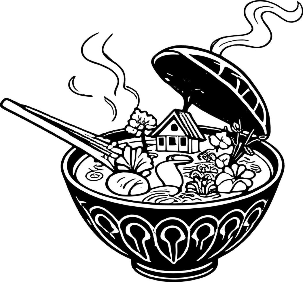 Intricate Black And White Illustration Of Ramen Bowl With Miniature Landscape And Steaming Lid vector
