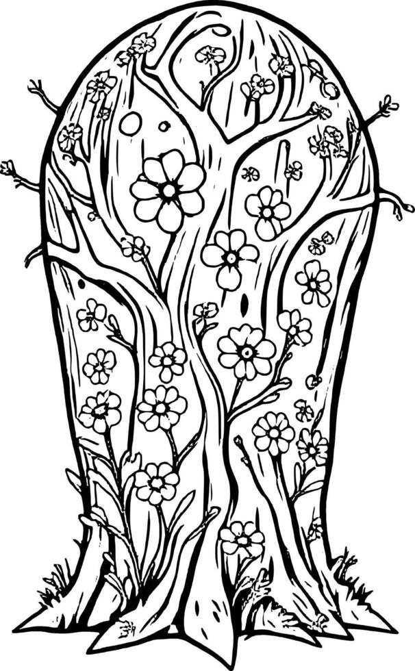 Stylized Floral Tree Trunk Illustration With Blossoms In Black And White Line Art vector
