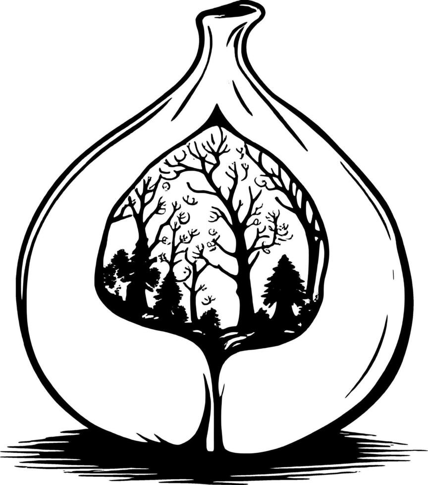 Stylized Forest Scene Encased in a Bulbous Glass Container Black and White Line Art vector