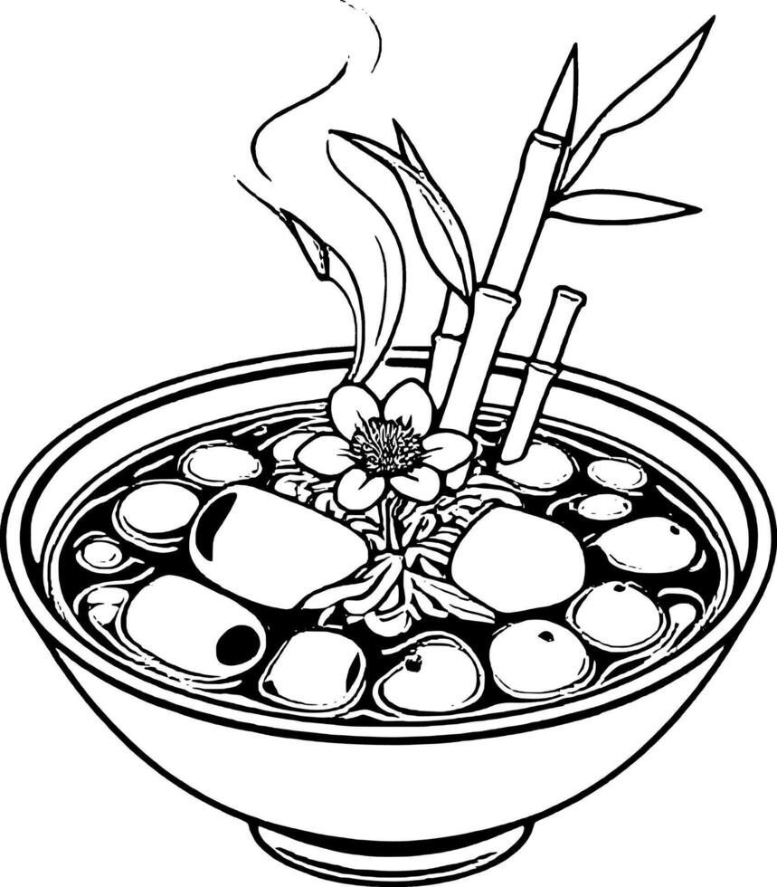 Steaming Bowl Of Asian Noodle Soup With Bamboo Shoots And A Flower Black And White Line Art vector