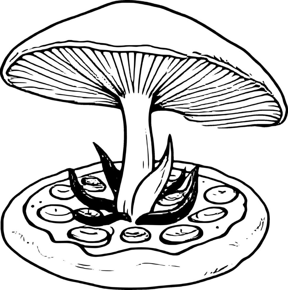 Surreal Illustration Mushroom Growing From Pizza Topped With Red Hot Chili Peppers vector