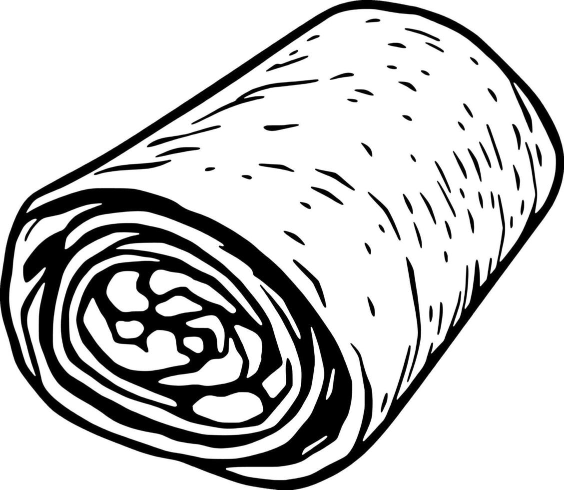 Hand-Drawn Illustration Of A Rolled Food Item Possibly A Burrito Or Similar Cuisine vector