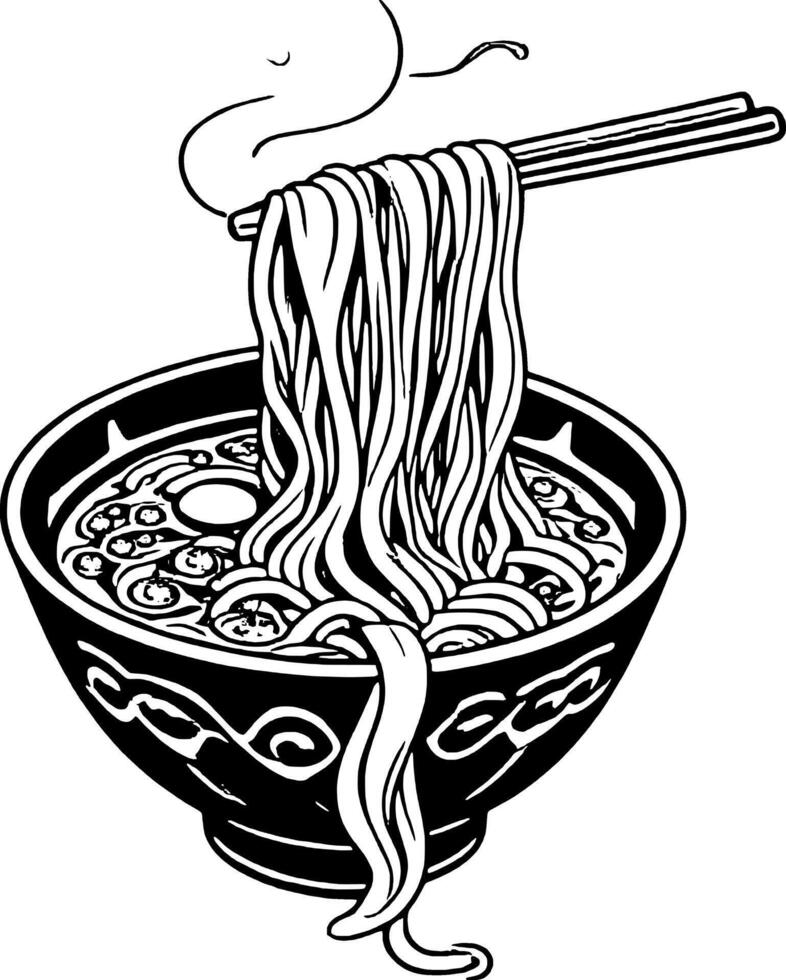 Steaming Noodle Bowl With Chopsticks In Black And White Detailed Line Art Illustration vector