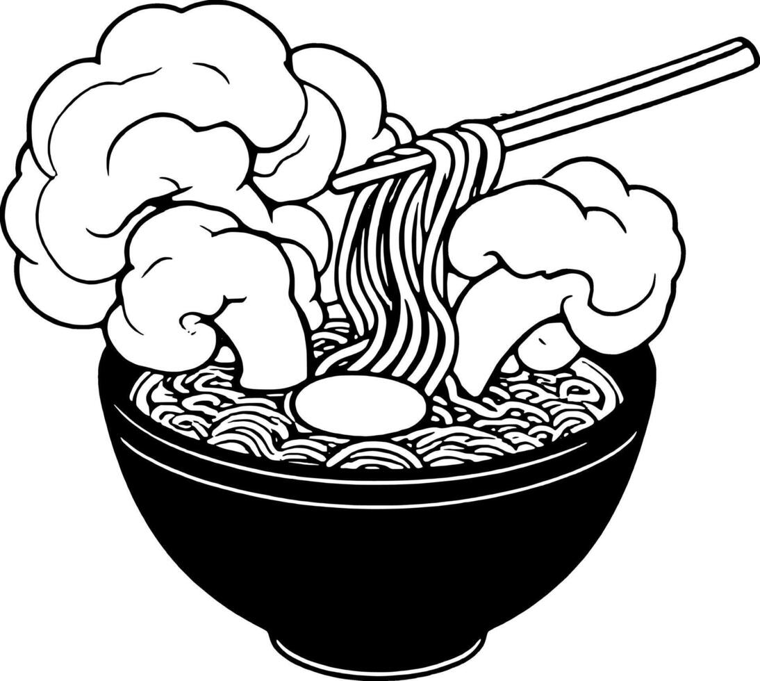 Stylized Bowl Of Noodles With Cauliflower And Egg Yolk Served With Chopsticks vector