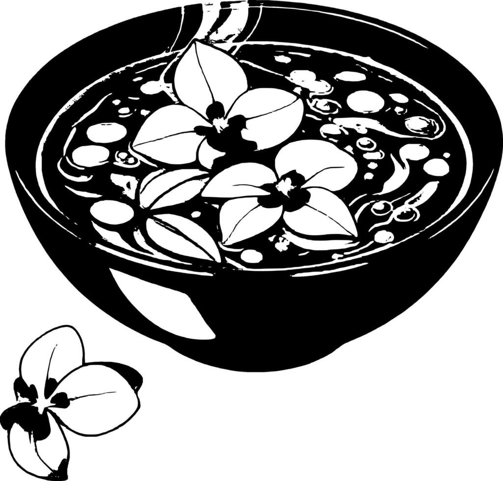 Steaming Orange Soup Garnished With Purple Flowers In A Black Bowl On vector