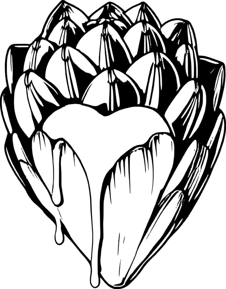 Artichoke Heart With Dripping Yellow Sauce Black And White Isolated On Minima vector