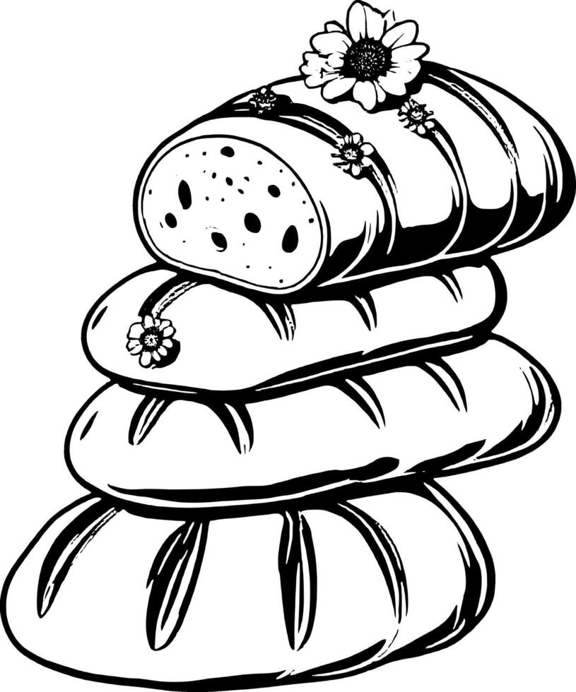 Stacked Loaves Adorned With Delicate Flowers Black And White Artistic Illustration vector