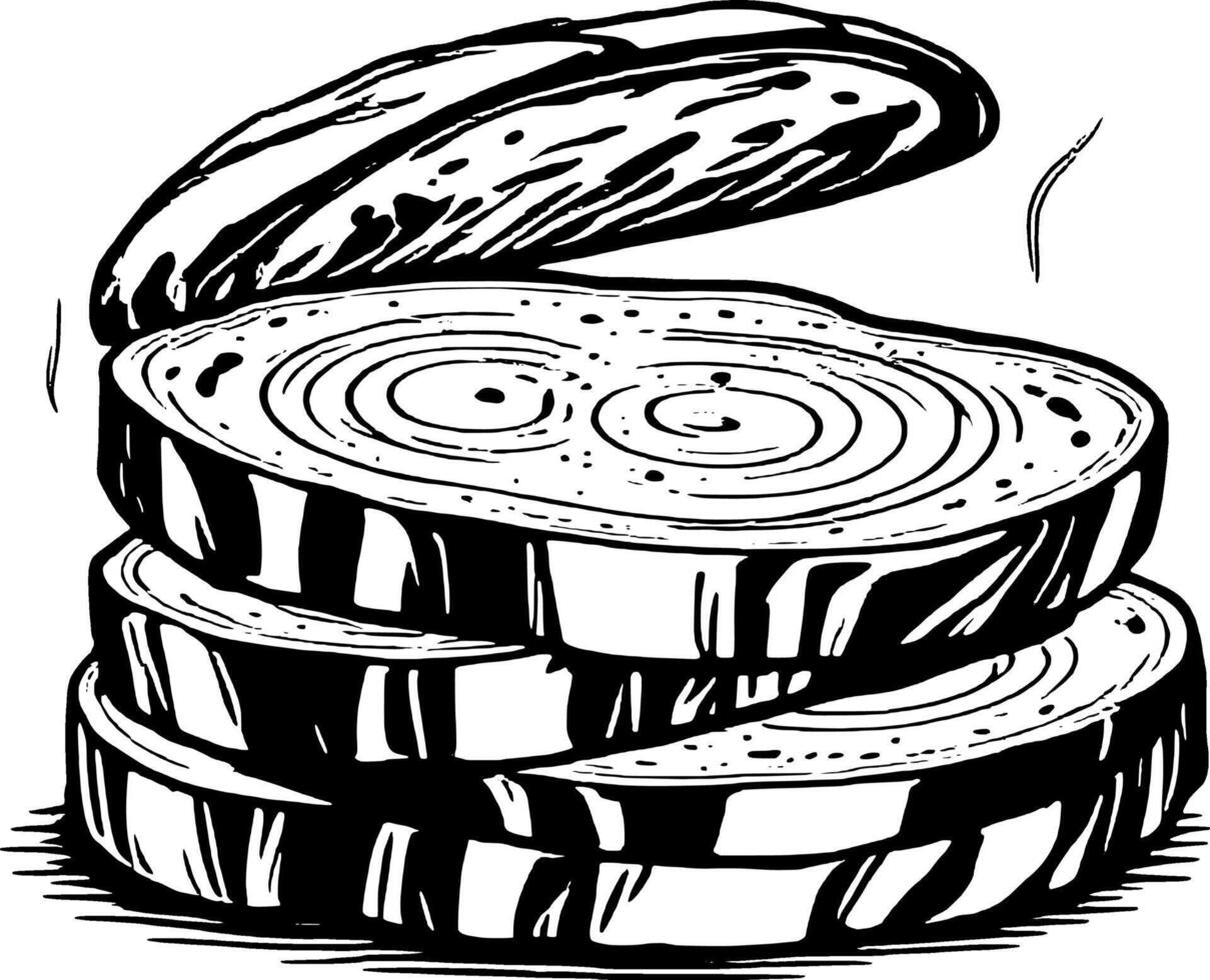 Stacked Slices Of Round Bread With Crusty Texture Black And White Food Illustration vector
