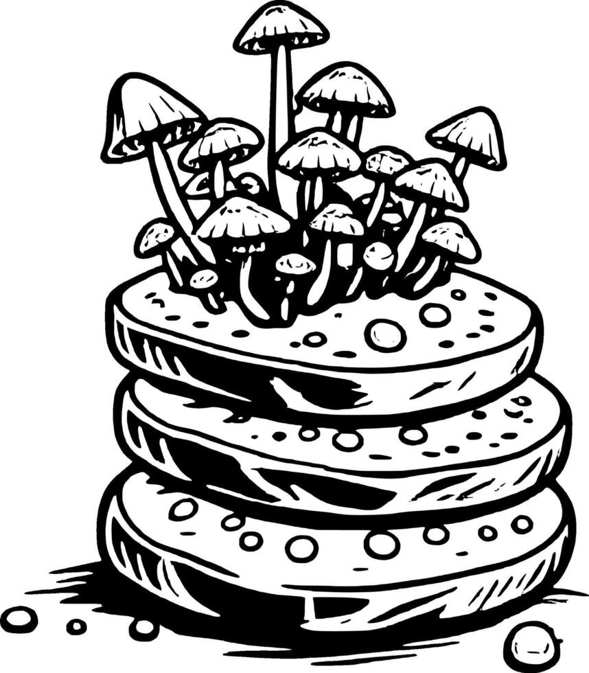 Stacked Flatbread Topped With Fungi Black And White Ink Drawing Detailed Food Illustration vector