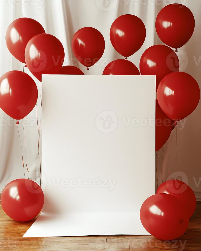 Red balloons surround a blank white poster board photo