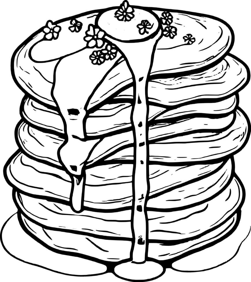 Stack Of Fluffy Pancakes Drizzled With Sweet Syrup And Decorated With Delicate Purple Flowers vector
