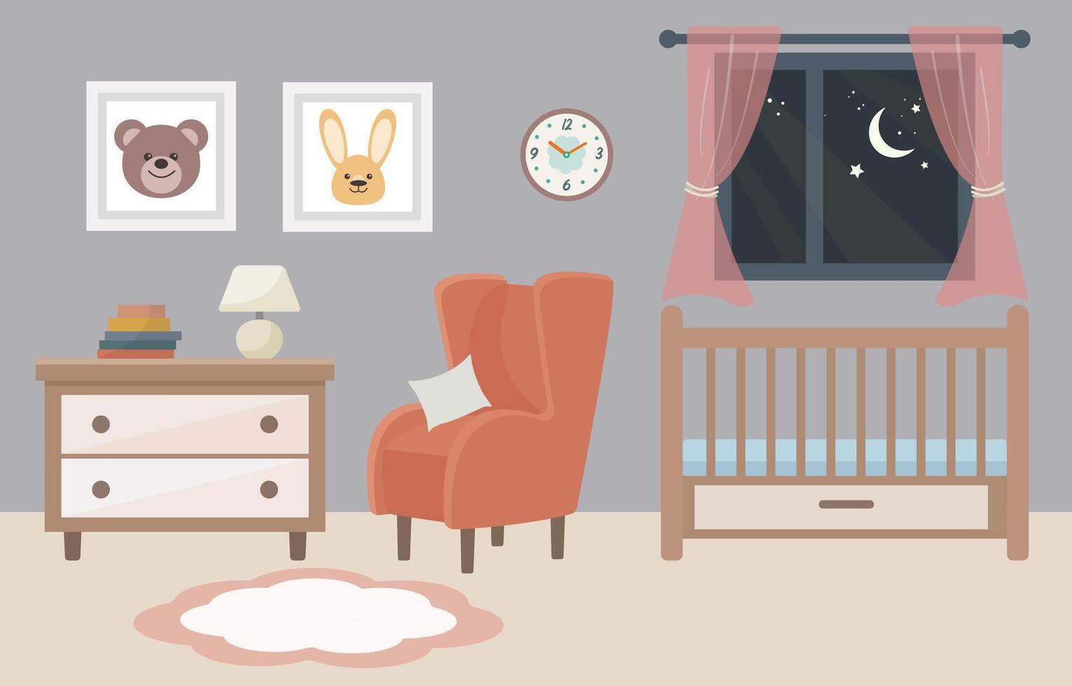 Illustration of a cozy children's bedroom at night. The room features a crib, a comfortable armchair with a cushion, a dresser with books and a lamp, wall art with animal faces, a fluffy rug. vector