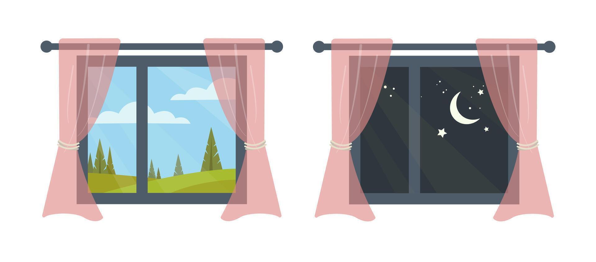 illustration of two windows with curtains showing day and night views. One window displays a sunny landscape with blue sky and green hills, the other shows a starry night sky with the moon. vector