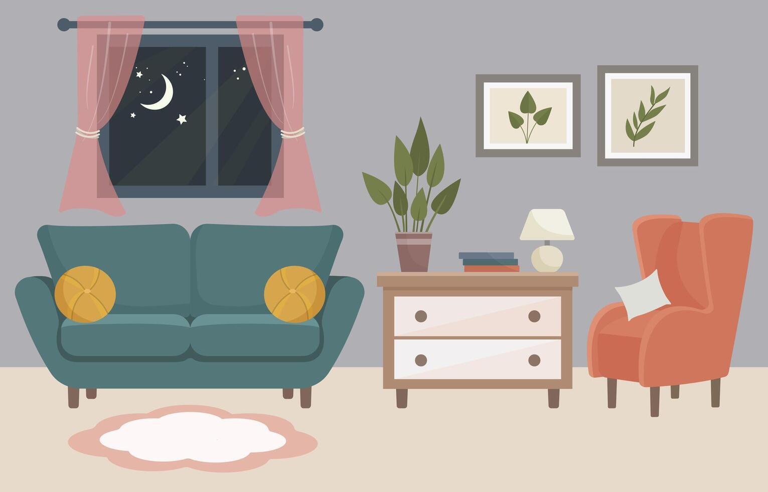 Flat illustration of a cozy living room interior in a modern style with an armchair, sofa, chest of drawers, lamp, houseplant and a large window with a scenic view. Ideal for interior design concepts vector