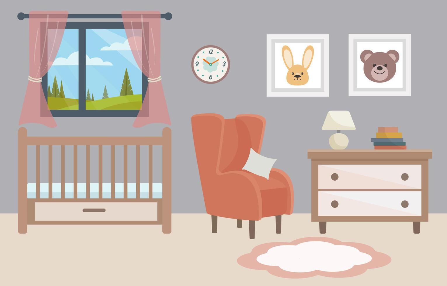 illustration of a cozy baby room interior in flat style. Nursery with a crib, armchair, drawer chest, books, table lamp, framed animal pictures, and a window with a scenic daytime view. vector