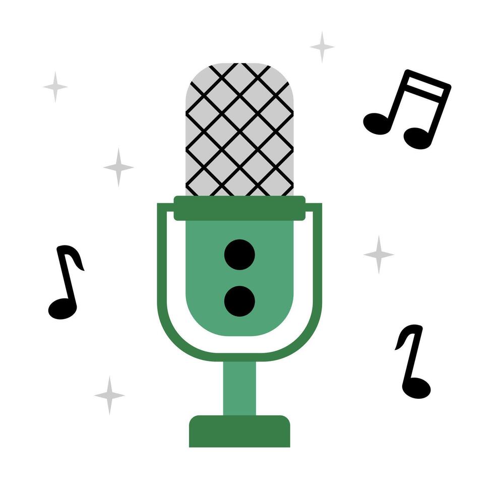 Microphone and notes flat illustration. Microphone icon for audio, music recording, singing, karaoke. vector