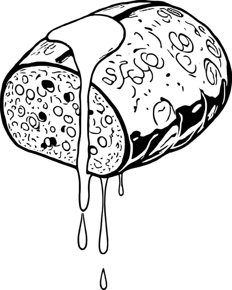 Sliced Cylindrical Food Item With Yellow Sauce Drizzling Down In Black And White Drawing Style vector