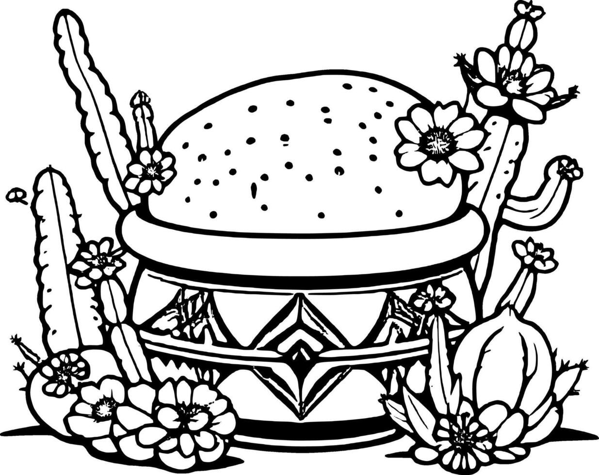Detailed Black And White Drawing Of A Decorative Pot Surrounded By Cacti And Flowers vector