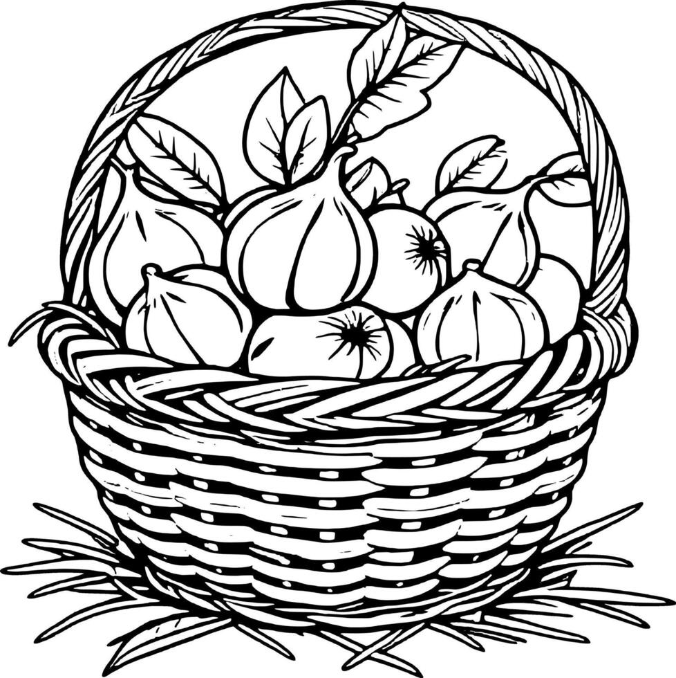 Woven Basket Overflowing With Fresh Figs And Leaves Black And White Line Art Illustration vector