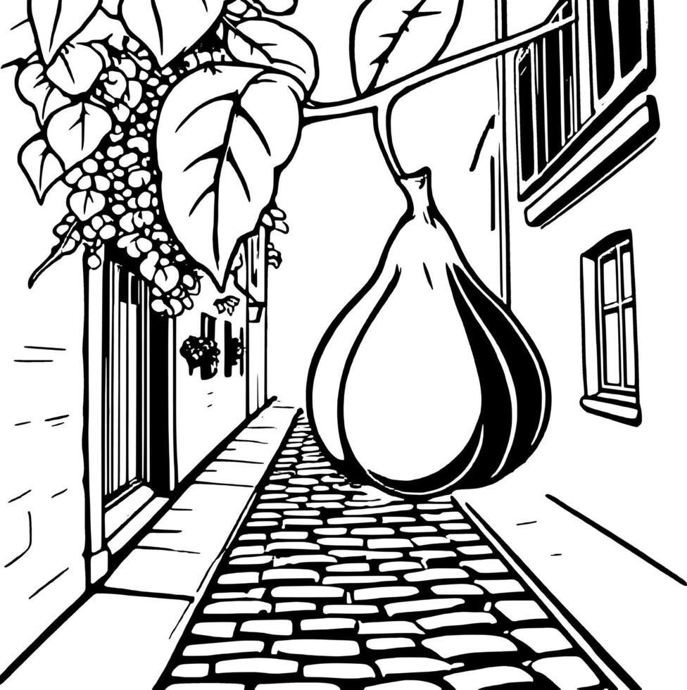 Stylized Fig on Cobblestone Street with Building Facades and Hanging Foliage Illustration vector