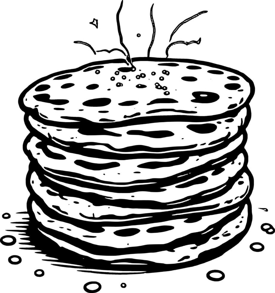 Stack Of Fluffy Pancakes With Syrup Drizzling Down In Black And White Line Art Style vector