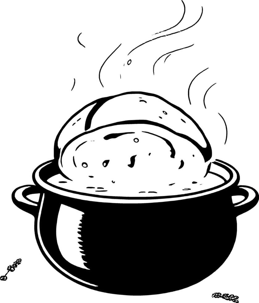 Steaming Round Loaf In Black Pot With Lavender Sprigs Monochrome Culinary Illustration vector