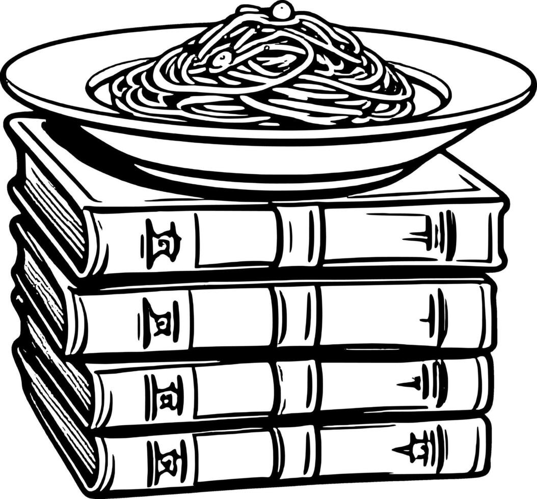 Monochrome Spaghetti Dish Balanced Atop Stack Of Four Books In Artistic Composition vector