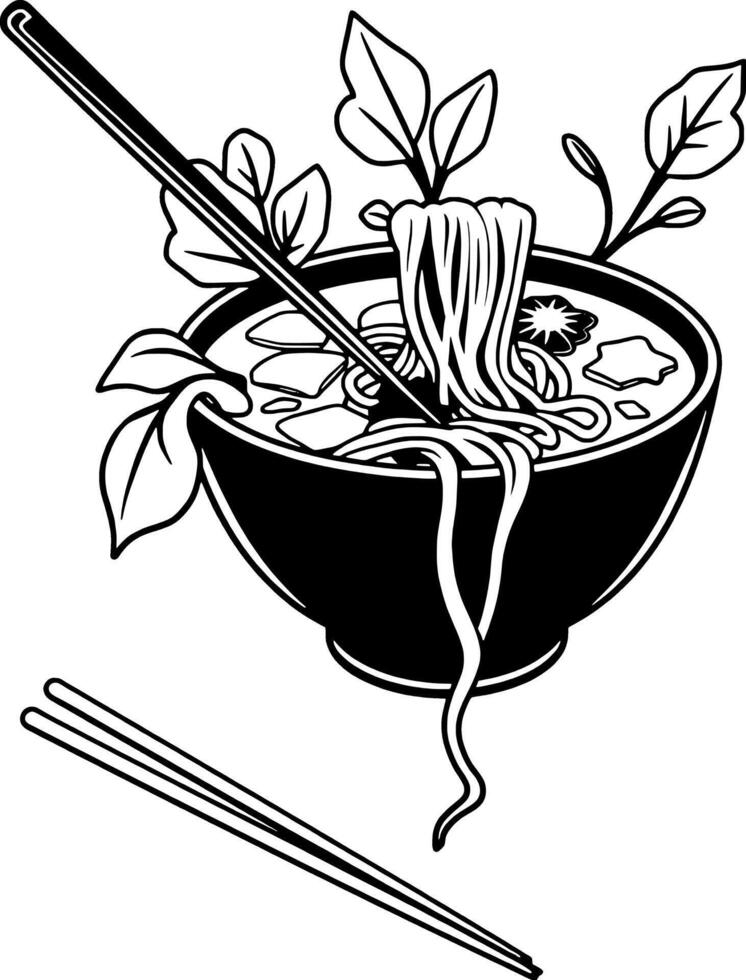 Delicious Noodle Soup in Black Bowl with Chopsticks and Herbs vector