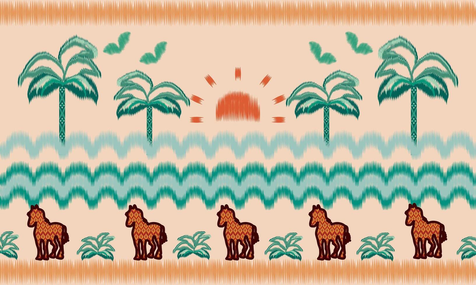 Tropical Ikat Pattern with Sunset, Palm Trees, Ocean Waves, and Tribal Horses. Ikat Seamless Bohemian Textile Design vector